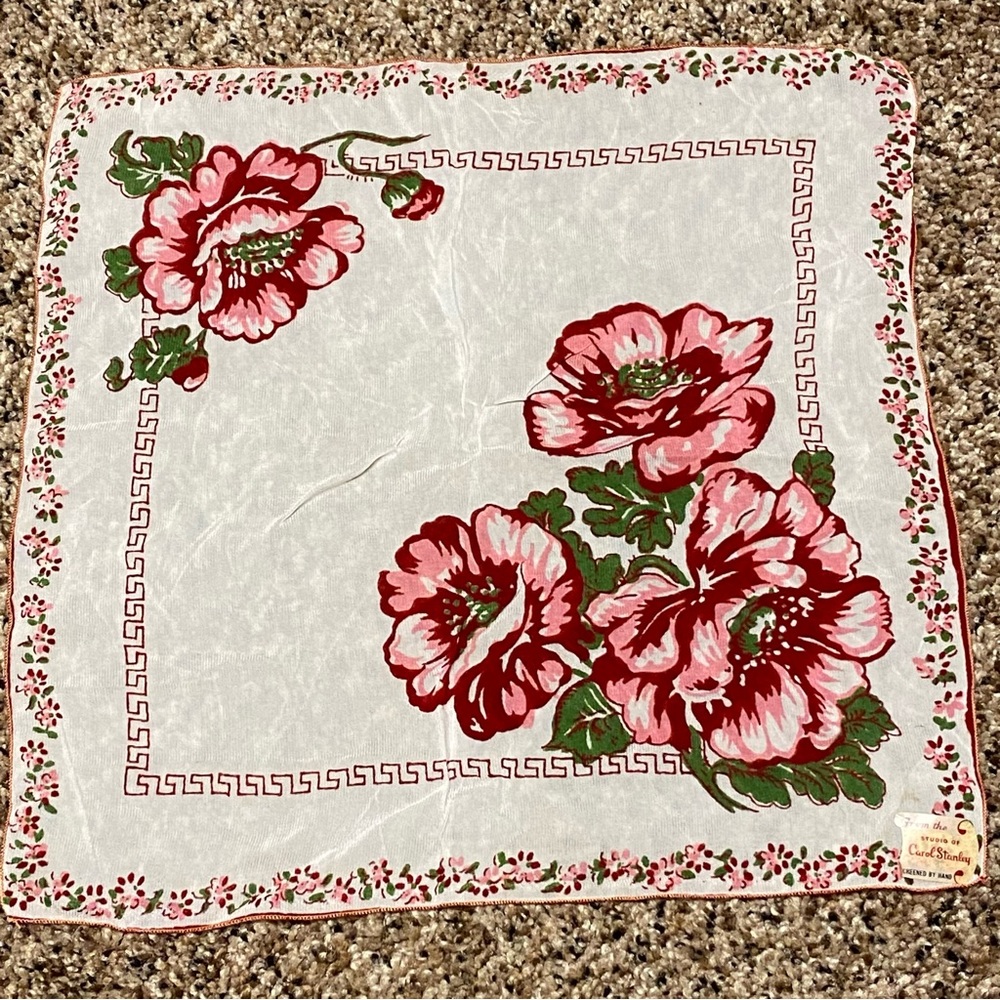Vintage Carol Stanley Floral Handkerchief Screened by Hand Scarf original tag on